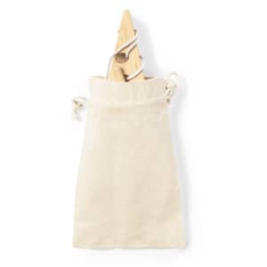 A natural fabric pouch containing a large wooden clothes peg, secured with a drawstring.