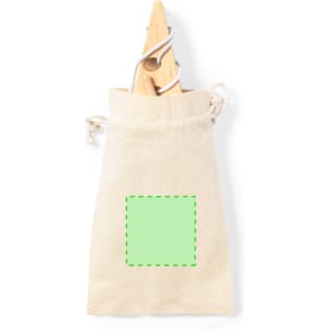 A natural canvas bag with a drawstring closure, featuring a blank green square for customisation.