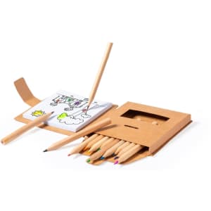 A set of coloured pencils in a cardboard case, accompanied by a small sketch pad and two wooden sketching pencils.