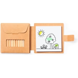 A set of coloured pencils in a tan pouch, accompanied by a sketch pad featuring a drawn tree and sun.
