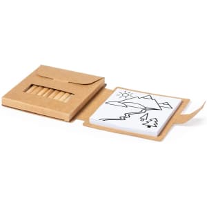 A set of coloured pencils in a kraft box, alongside a stack of blank drawing sheets featuring outline designs.