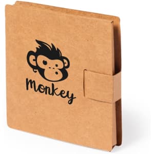 A kraft paper notebook with a cartoon monkey design on the cover and a secured closure. It features a logo.