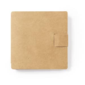 A square, brown kraft notebook with a flap closure. It has a simple, minimalist design.