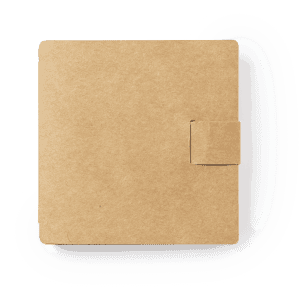 A square, brown kraft notebook with a flap closure, featuring a simple design and no visible branding.