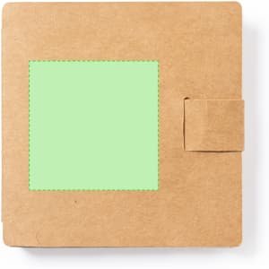 A brown notebook with a green square cutout on the front and a clasp closure.
