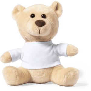 A soft, beige plush teddy bear wearing a white shirt, sitting upright with a friendly expression.