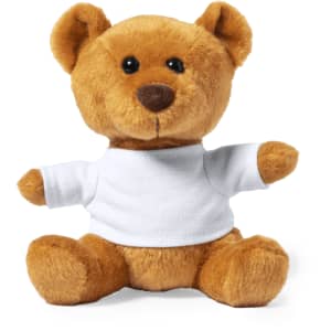 A cute plush teddy bear in a brown colour, wearing a plain white shirt, sitting upright with arms outstretched.