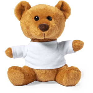 A plush teddy bear with a brown fur finish, wearing a white shirt. It has round ears and a friendly expression.