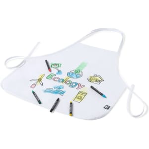 A white apron featuring colourful eco-themed illustrations and several attached crayons for creative use.