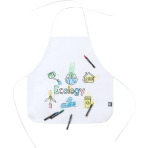 A white apron featuring colorful drawings related to ecology, surrounded by markers. It has a logo on the bottom.