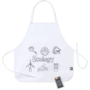 A white apron featuring ecological illustrations and a logo, accompanied by vibrant fabric markers.