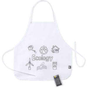 A white apron featuring ecological designs and a logo, accompanied by a set of coloured markers.