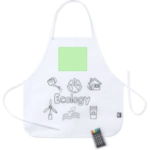 A white apron featuring ecology-themed illustrations and a blank area for customisation, accompanied by colour markers.
