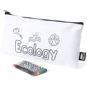 A white pencil case with a zip closure, featuring eco-themed illustrations and a pack of non-toxic coloured markers.