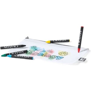 A transparent pencil case with a white base and colourful crayon markers in green, blue, yellow, and red.
