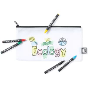 A white pencil case with a zip, featuring colourful crayon-like markers around it and a branding label.