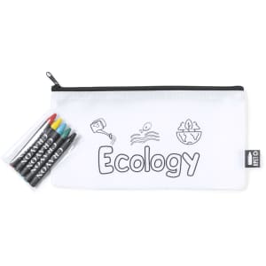A white pencil case with a black zipper, featuring crayons in various colours and eco-themed illustrations.