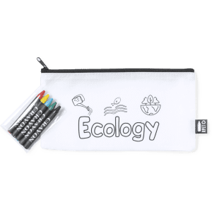 A white pencil case with a black zip, featuring a logo and accompanied by coloured markers.