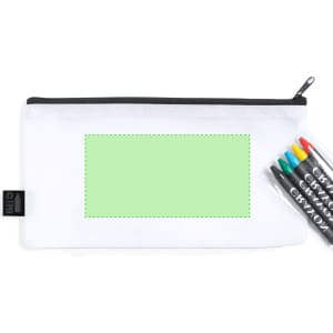A white pencil case with a black zip and a green panel, accompanied by vibrant coloured markers.