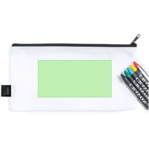 A white pencil case with a black zipper, featuring a green patch, alongside five brightly coloured markers.