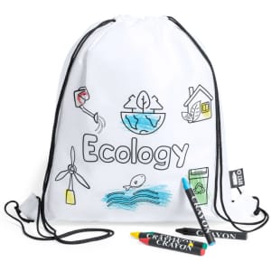 A white drawstring bag featuring eco-themed illustrations and a logo, accompanied by three crayons in various colours.