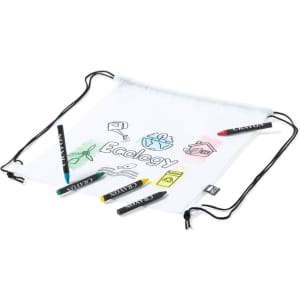 A white drawstring bag with a design featuring drawings related to ecology, accompanied by colourful markers.