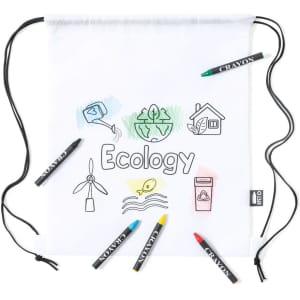 A white drawstring bag featuring eco-themed illustrations and six vibrant crayons positioned around it.