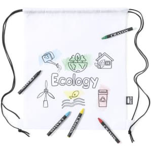 A white drawstring bag featuring ecology-themed graphics with six colourful crayons arranged around it.