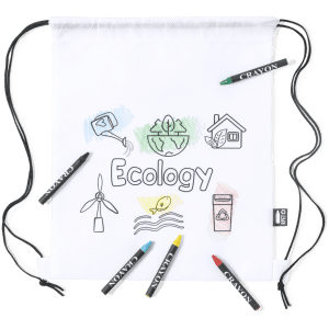 A white drawstring bag with a design featuring ecology-themed illustrations and six crayons in various colours.