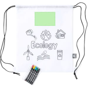 A white drawstring bag with eco-themed designs, featuring a logo and a set of coloured markers.
