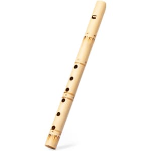 A wooden recorder in a light colour, featuring six finger holes and a slight decorative pattern.