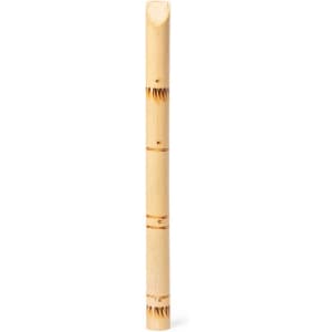A bamboo flute, featuring a natural finish with several visible joints and a slender design.