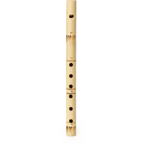A bamboo recorder in natural tones with finger holes and a simple design, featuring a logo.
