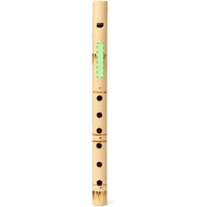 A wooden Hamelin Recorder in beige with dark markings and finger holes, featuring a logo along its body.