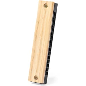 A wooden blues harmonica with a black body and gold screws, designed for music and play.