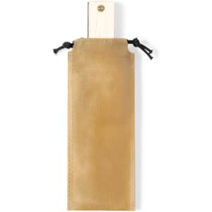 A beige pouch with a drawstring, containing a wooden harmonica. The pouch has a button closure and a simple design.