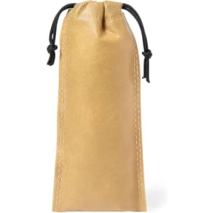 A tan pouch with a black drawstring closure, designed for storing a harmonica.