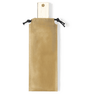 A blues harmonica in a tan fabric pouch, featuring a wooden body and a drawstring closure.