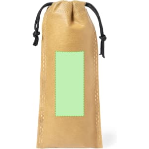 A tan pouch with a drawstring closure and a blank green panel for customisation.