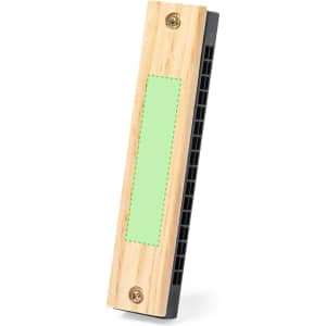 A wooden blues harmonica with a black plastic base and a blank green label area for personalization.