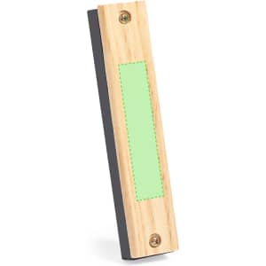A wooden harmonica with a light green section and a dark base, featuring decorative screws.