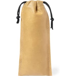 A tan pouch with a drawstring closure, featuring black stitching and a black cord.