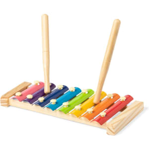 A wooden xylophone with multicoloured bars and two mallets, showcasing vibrant shades of purple, blue, green, yellow, orange, and red.