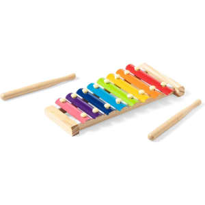 A wooden xylophone with brightly coloured bars and two wooden mallets, arranged for play.