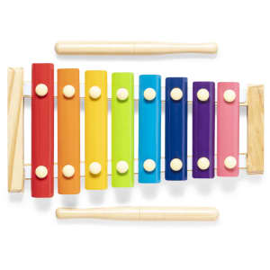 A wooden xylophone with bright coloured bars in red, orange, yellow, green, blue, pink, and purple, accompanied by two mallets.