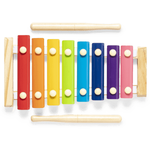 A colourful xylophone featuring red, orange, yellow, green, blue, pink, and purple bars with two wooden mallets.