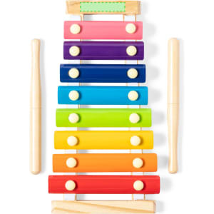 A colourful wooden xylophone featuring pink, purple, blue, green, yellow, orange, and red bars, with mallets included.