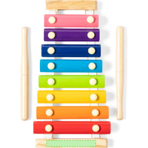A colourful xylophone featuring vibrant bars in purple, pink, red, orange, yellow, green, and blue, with wooden mallets.