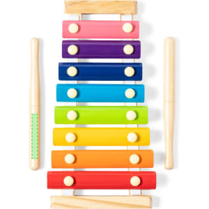 A colourful xylophone with eight rainbow-coloured bars and two wooden mallets. Features a simple design with a wooden frame.