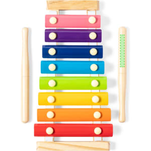 A colourful wooden xylophone with various bright coloured bars, accompanied by two mallets, on a light background.